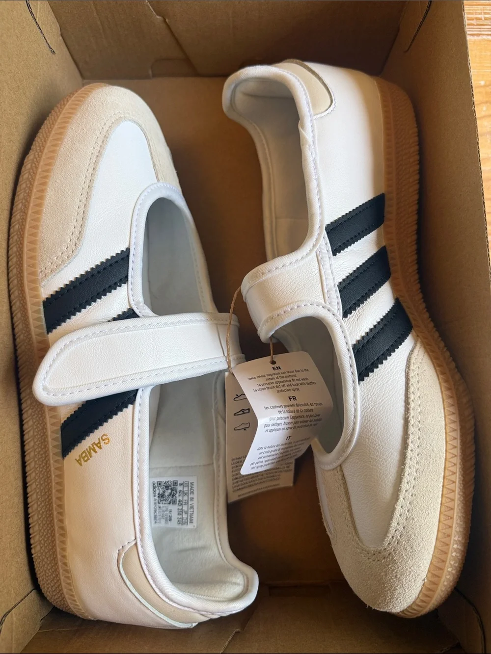 adidas Samba Janes Strap Sneakers in White/Black with Gum Sole